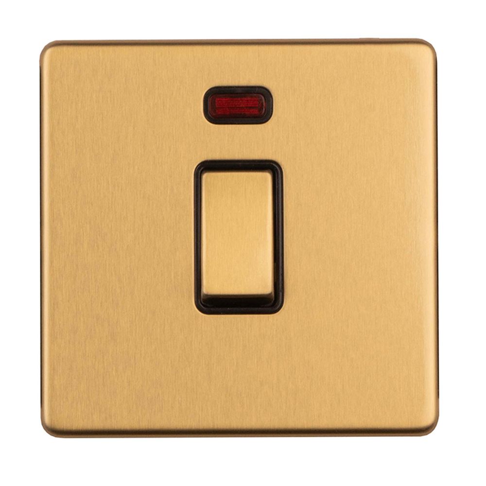 This is an image showing Eurolite Concealed 3mm 1 Gang 20Amp Switched Socket with neon Indicator - Satin Brass ecsb20adpswnb available to order from trade door handles, quick delivery and discounted prices.