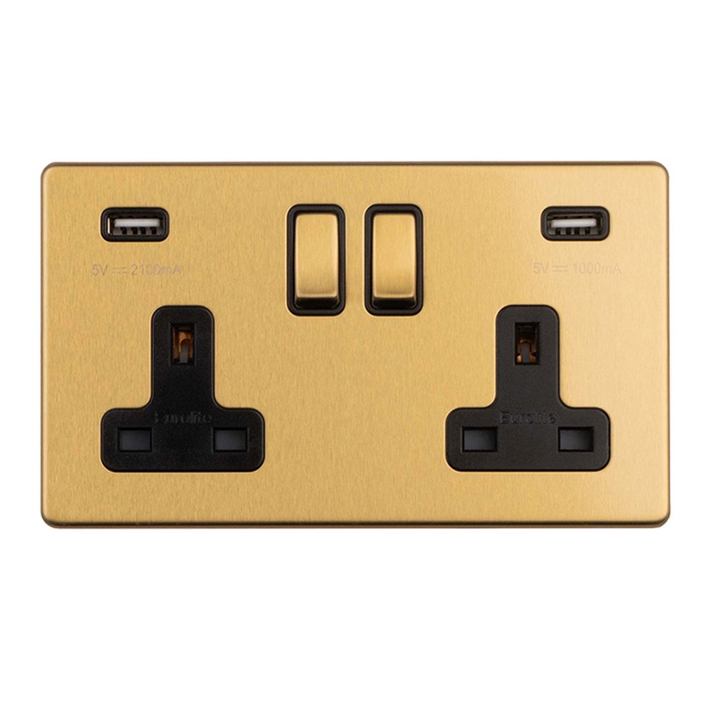 High quality image of Eurolite Concealed 3mm 2 Gang 13Amp Switched Socket With USB - Satin Brass | Sku. ecsb2usbb | available to order from Trade Door Handles in Kendal.