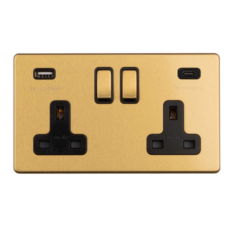 This is an image showing Eurolite Concealed 3mm 2 Gang 13Amp Switched Socket With Usb C Satin Brass - Satin Brass (With Black Trim) ecsb2usbcb available to order from trade door handles, quick delivery and discounted prices.