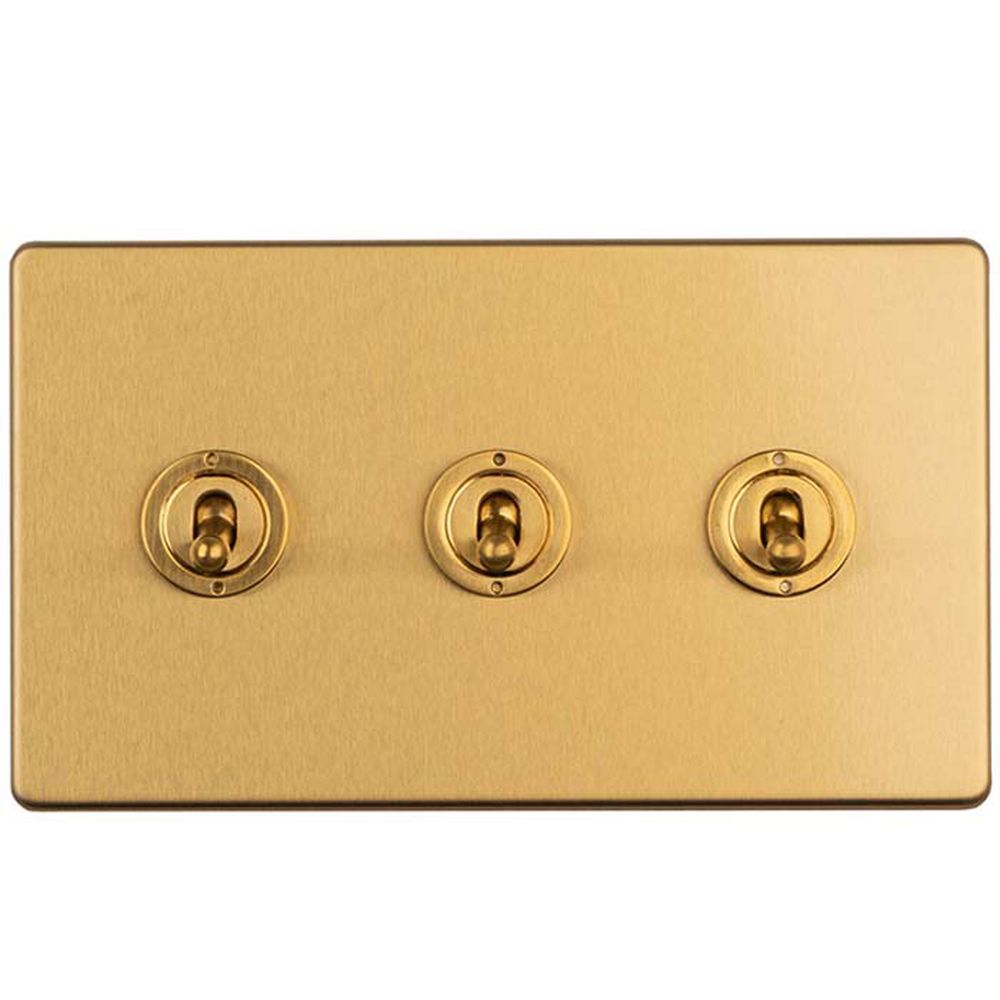 This is an image showing Eurolite Concealed 3mm 3 Gang 2 Way Toggle Switch - Satin Brass ecsbt3sw available to order from trade door handles, quick delivery and discounted prices.