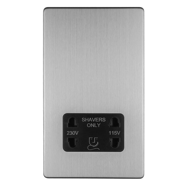 This is an image showing Eurolite Concealed 3mm 2 Gang Shaver Socket 230/115V - Stainless Steel (With Black Trim) ecssshsb available to order from trade door handles, quick delivery and discounted prices.