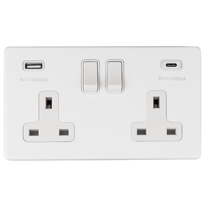 This is an image showing Eurolite Concealed 3mm 2 Gang 13Amp Switched Socket With Usb C White - Matt White (With White Trim) ecw2usbcw available to order from trade door handles, quick delivery and discounted prices.