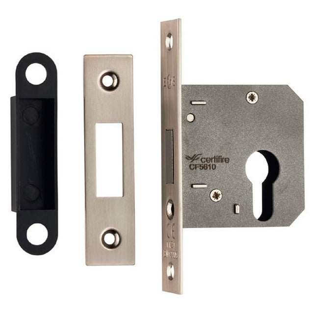 This is an image of a Eurospec - Easi-T Economy Euro Profile Deadlock 64mm - Satin Nickel that is availble to order from Trade Door Handles in Kendal.