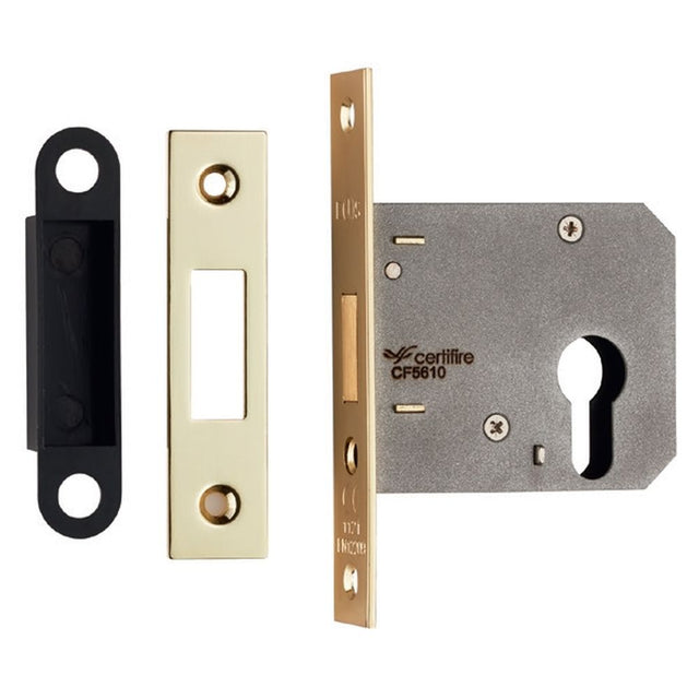 This is an image of a Eurospec - Easi-T Economy Euro Profile Deadlock 76mm - Electro Brassed that is availble to order from Trade Door Handles in Kendal.