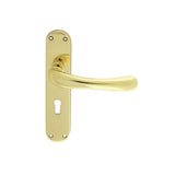 This is an image of a Manital - Ibra Lever on Lock Backplate - Polished Brass that is availble to order from Trade Door Handles in Kendal.