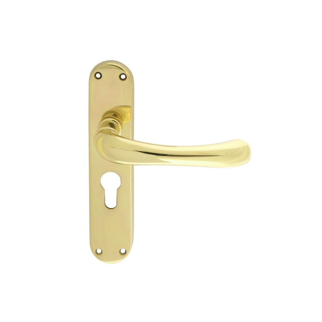 This is an image of a Manital - Ibra Lever on Euro Lock Backplate - Polished Brass that is availble to order from Trade Door Handles in Kendal.