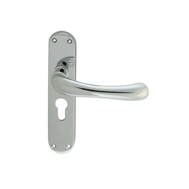 This is an image of a Manital - Ibra Lever on Euro Lock Backplate - Polished Chrome that is availble to order from Trade Door Handles in Kendal.