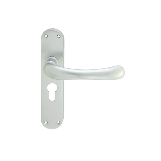 This is an image of a Manital - Ibra Lever on Euro Lock Backplate - Satin Chrome that is availble to order from Trade Door Handles in Kendal.