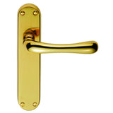 This is an image of a Manital - Ibra Lever on Latch Backplate - Polished Brass that is availble to order from Trade Door Handles in Kendal.