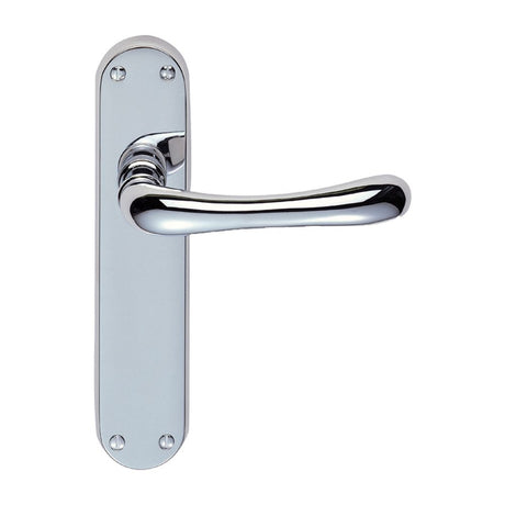 This is an image of a Manital - Ibra Lever on Latch Backplate - Polished Chrome that is availble to order from Trade Door Handles in Kendal.