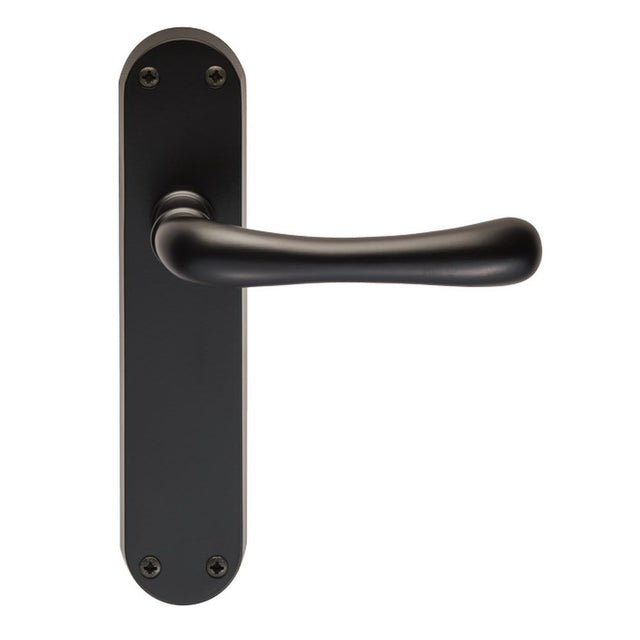 This is an image of a Manital - Ibra Lever on Latch Backplate - Matt Black that is availble to order from Trade Door Handles in Kendal.