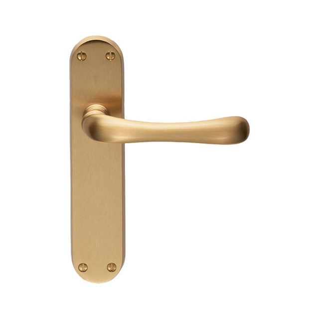 This is an image of a Manital - Ibra Lever on Latch Backplate - Satin Brass that is availble to order from Trade Door Handles in Kendal.