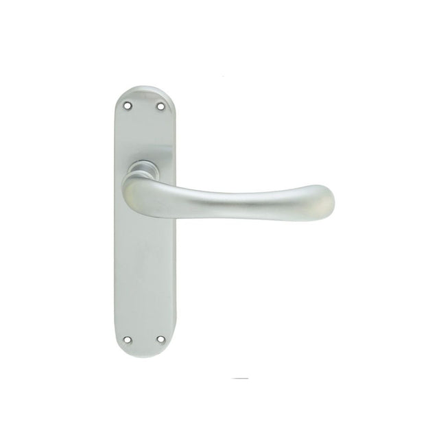 This is an image of a Manital - Ibra Lever on Latch Backplate - Satin Chrome that is availble to order from Trade Door Handles in Kendal.