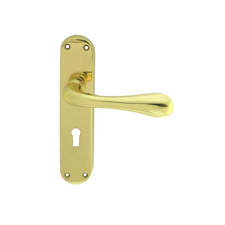 This is an image of a Manital - Astro Lever on Lock Backplate - Polished Brass that is availble to order from Trade Door Handles in Kendal.