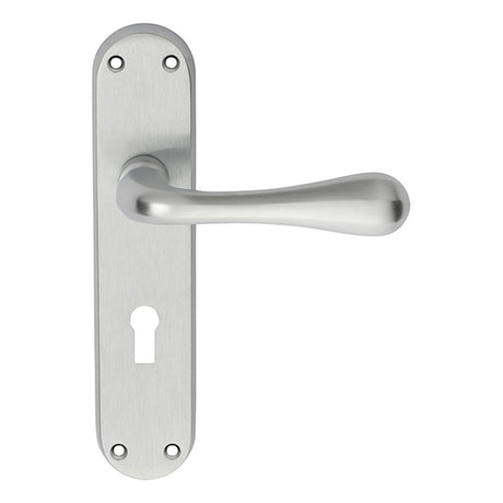This is an image of a Manital - Astro Lever on Lock Backplate - Satin Chrome that is availble to order from Trade Door Handles in Kendal.