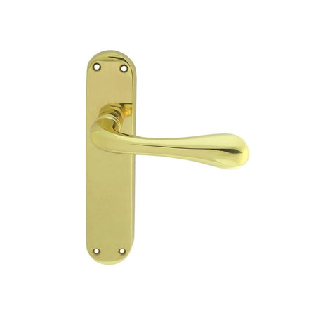 This is an image of a Manital - Astro Lever on Latch Backplate - Polished Brass that is availble to order from Trade Door Handles in Kendal.