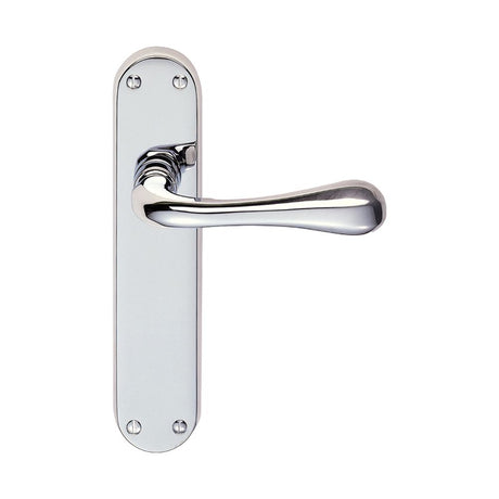 This is an image of a Manital - Astro Lever on Latch Backplate - Polished Chrome that is availble to order from Trade Door Handles in Kendal.