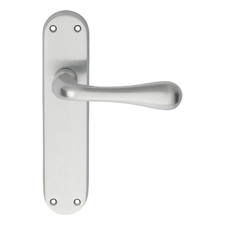 This is an image of a Manital - Astro Lever on Latch Backplate - Satin Chrome that is availble to order from Trade Door Handles in Kendal.