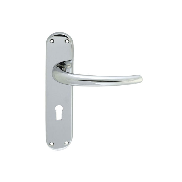 This is an image of a Manital - Lilla Lever on Lock Backplate - Polished Chrome that is availble to order from Trade Door Handles in Kendal.