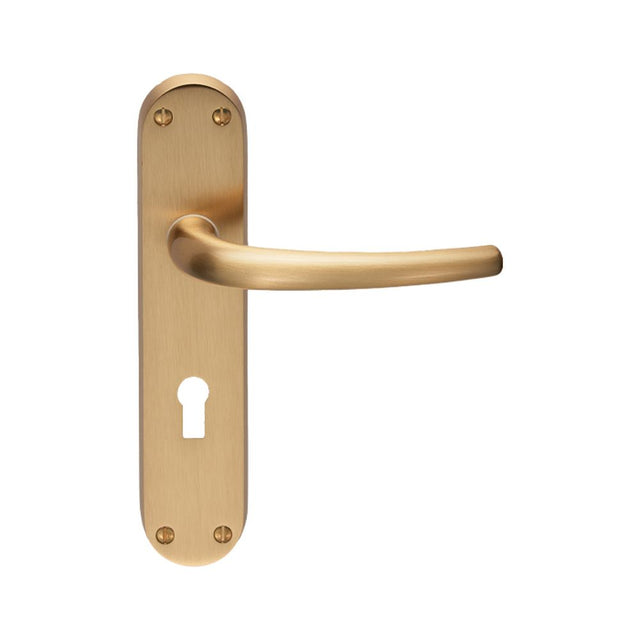 This is an image of a Manital - Lilla Lever on Lock Backplate - Satin Brass that is availble to order from Trade Door Handles in Kendal.