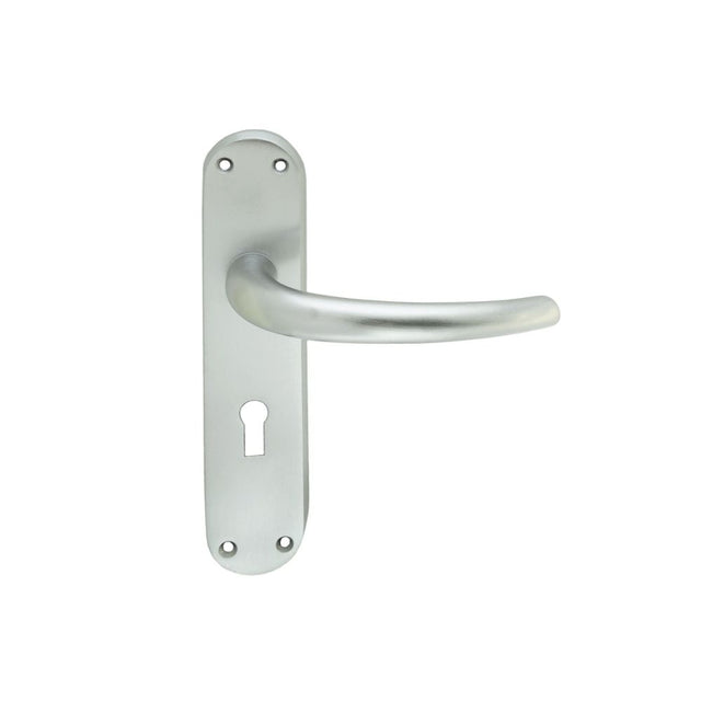 This is an image of a Manital - Lilla Lever on Lock Backplate - Satin Chrome that is availble to order from Trade Door Handles in Kendal.