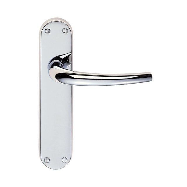 This is an image of a Manital - Lilla Lever on Latch Backplate - Polished Chrome that is availble to order from Trade Door Handles in Kendal.