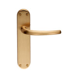 This is an image of a Manital - Lilla Lever on Latch Backplate - Satin Brass that is availble to order from Trade Door Handles in Kendal.