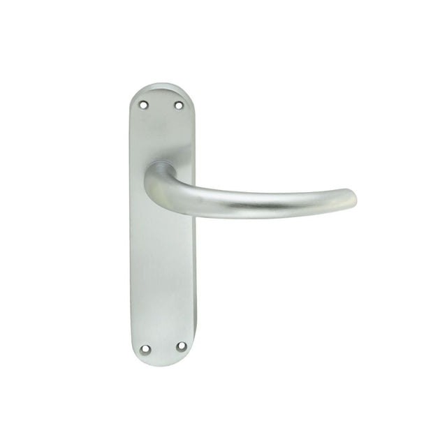 This is an image of a Manital - Lilla Lever on Latch Backplate - Satin Chrome that is availble to order from Trade Door Handles in Kendal.