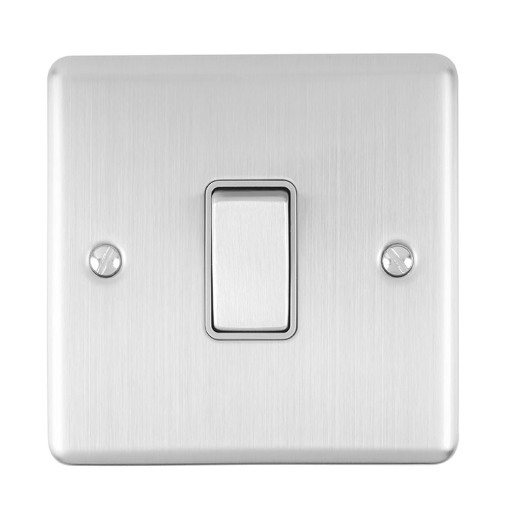 This is an image showing Eurolite Enhance Decorative 20Amp Switch - Satin Stainless Steel (With Grey Trim) en20aswssg available to order from trade door handles, quick delivery and discounted prices.