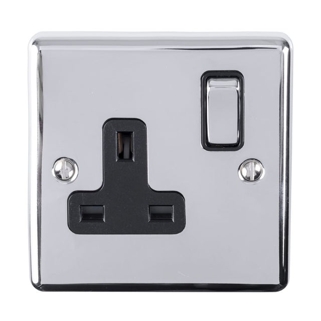 This is an image showing Eurolite Enhance Decorative 1 Gang Socket - Polished Chrome (With Black Trim) en1sopcb available to order from trade door handles, quick delivery and discounted prices.