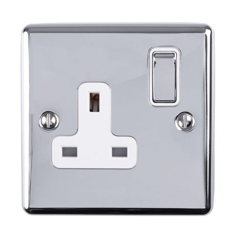 This is an image showing Eurolite Enhance Decorative 1 Gang Socket - Polished Chrome (With White Trim) en1sopcw available to order from trade door handles, quick delivery and discounted prices.