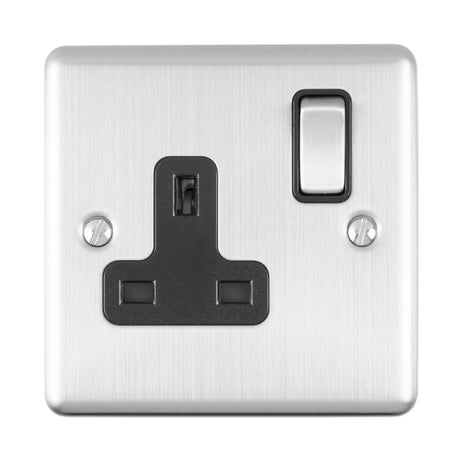 This is an image showing Eurolite Enhance Decorative 1 Gang Socket - Satin Stainless Steel (With Black Trim) en1sossb available to order from trade door handles, quick delivery and discounted prices.