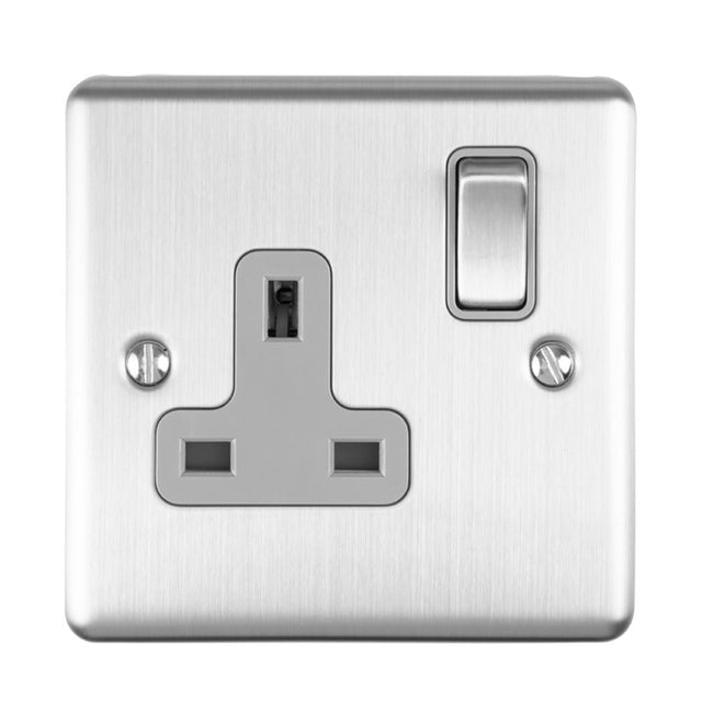 This is an image showing Eurolite Enhance Decorative 1 Gang Socket - Satin Stainless Steel (With Grey Trim) en1sossg available to order from trade door handles, quick delivery and discounted prices.