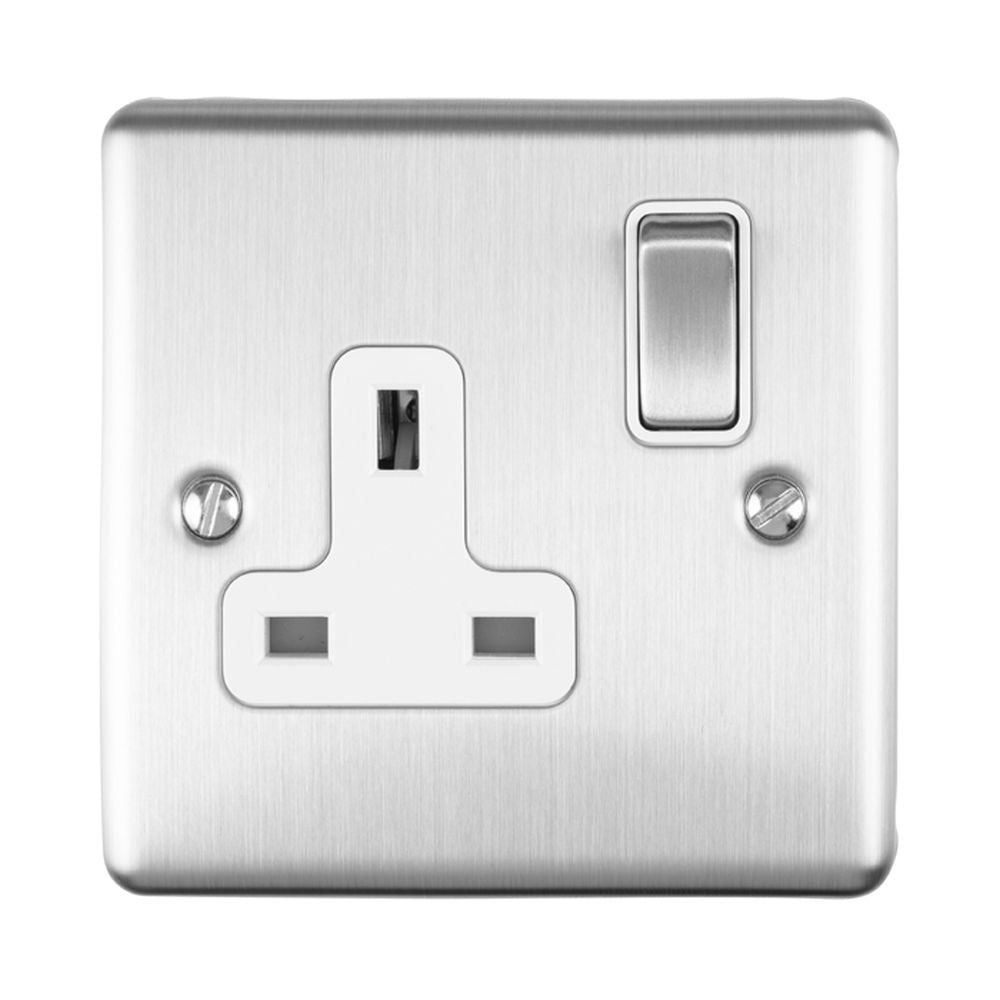 This is an image showing Eurolite Enhance Decorative 1 Gang Socket - Satin Stainless Steel (With White Trim) en1sossw available to order from trade door handles, quick delivery and discounted prices.