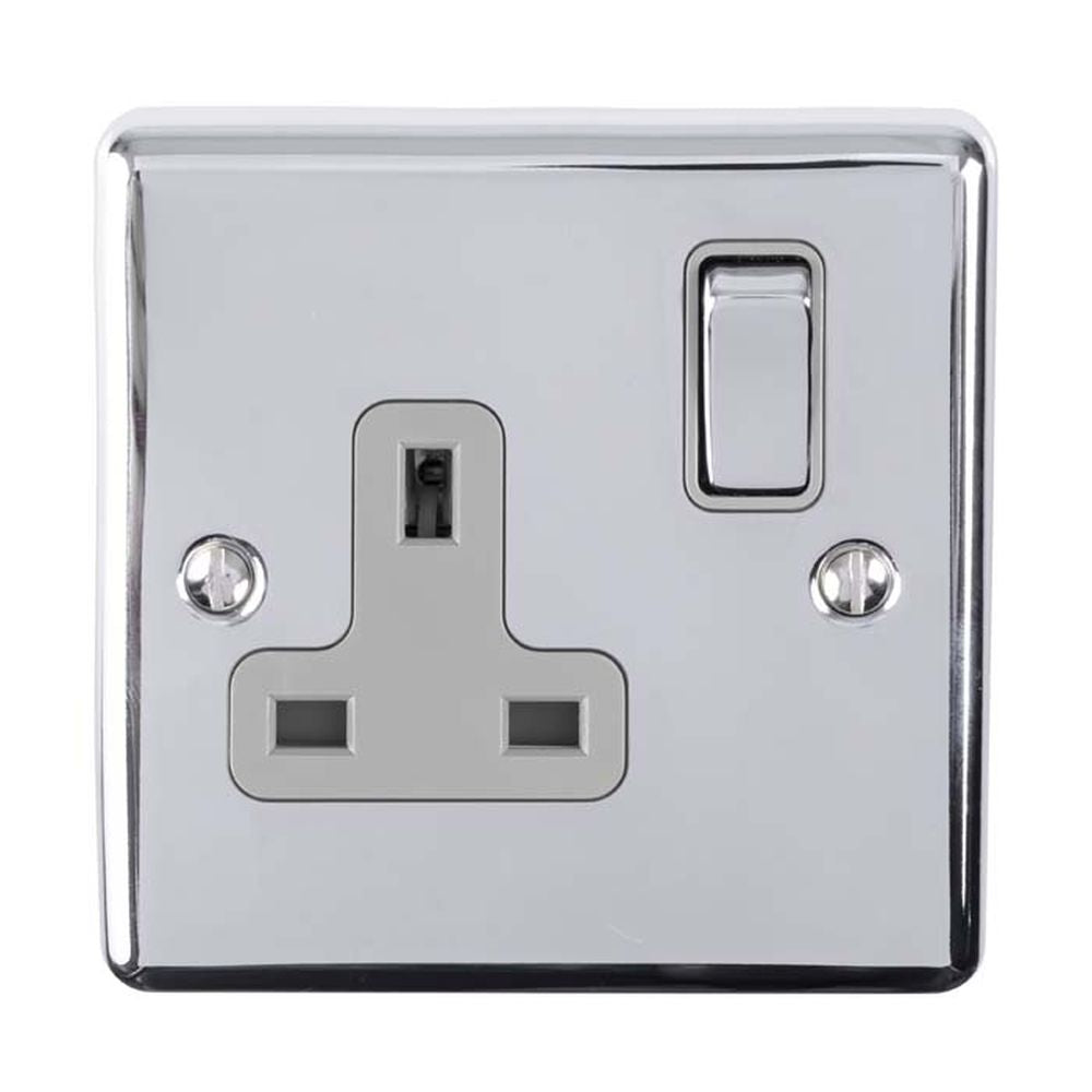 This is an image showing Eurolite Enhance Decorative 1 Gang Socket - Polished Chrome (With Grey Trim) en1sopcg available to order from trade door handles, quick delivery and discounted prices.