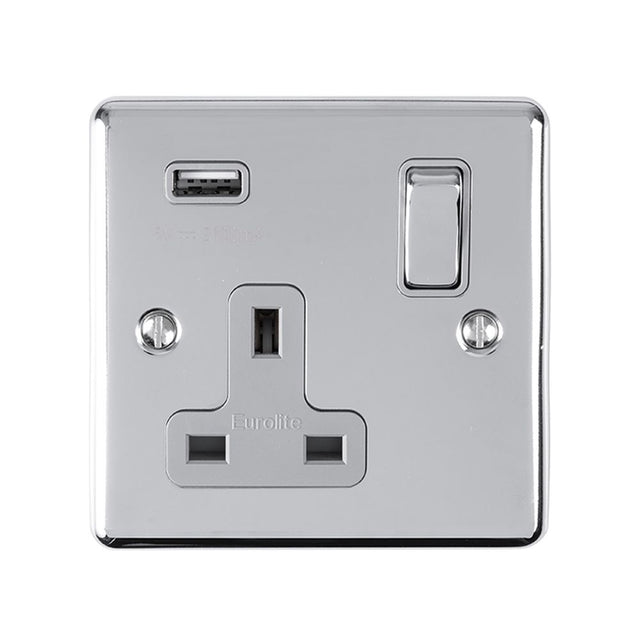 This is an image showing Eurolite Enhance Decorative 1 Gang USB Socket - Polished Chrome (With Grey Trim) en1usbpcg available to order from trade door handles, quick delivery and discounted prices.