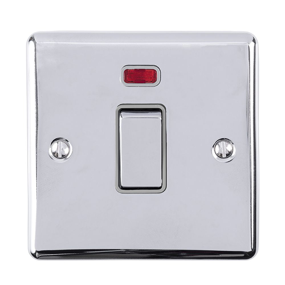 This is an image showing Eurolite Enhance Decorative 20Amp Switch with Neon Indicator - Polished Chrome (With Grey Trim) en20aswnpcg available to order from trade door handles, quick delivery and discounted prices.