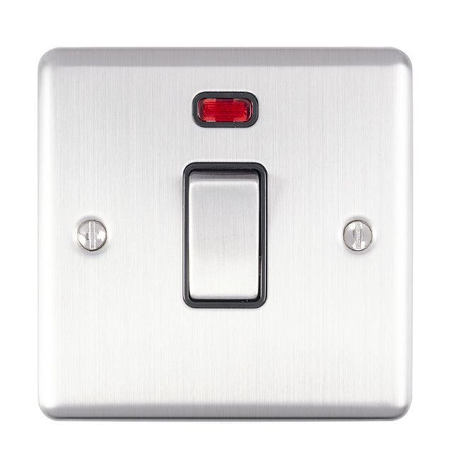 This is an image showing Eurolite Enhance Decorative 20Amp Switch with Neon Indicator - Satin Stainless Steel (With Black Trim) en20aswnssb available to order from trade door handles, quick delivery and discounted prices.