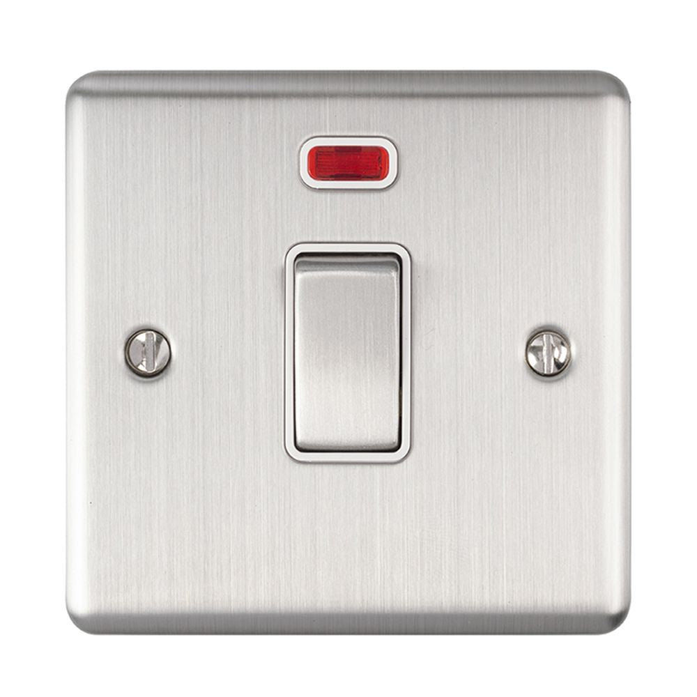 This is an image showing Eurolite Enhance Decorative 20Amp Switch with Neon Indicator - Satin Stainless Steel (With White Trim) en20aswnssw available to order from trade door handles, quick delivery and discounted prices.