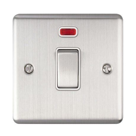 This is an image showing Eurolite Enhance Decorative 20Amp Switch with Neon Indicator - Satin Stainless Steel (With White Trim) en20aswnssw available to order from trade door handles, quick delivery and discounted prices.