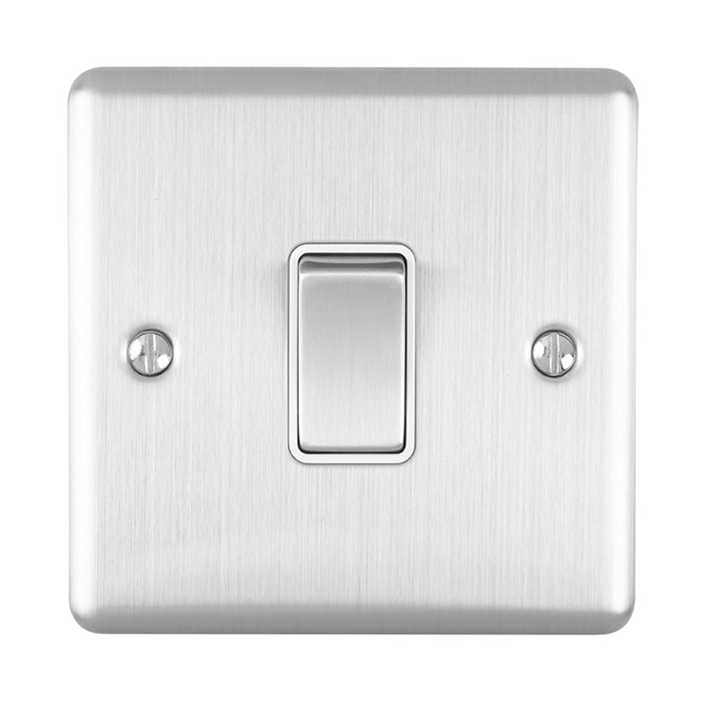 This is an image showing Eurolite Enhance Decorative 20Amp Switch - Satin Stainless Steel (With White Trim) en20aswssw available to order from trade door handles, quick delivery and discounted prices.