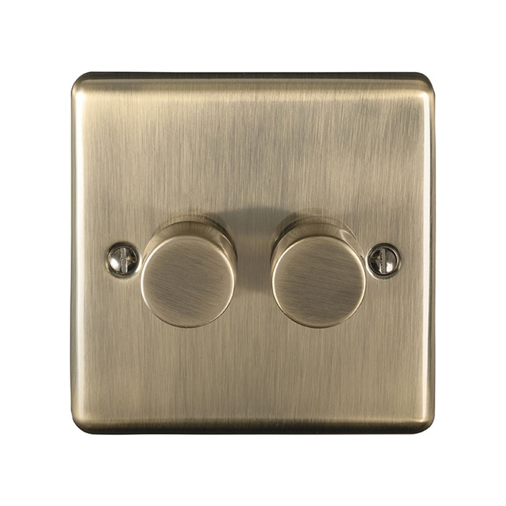 This is an image showing Eurolite Enhance Decorative 2 Gang Dimmer - Antique Brass en2dledabb available to order from trade door handles, quick delivery and discounted prices.