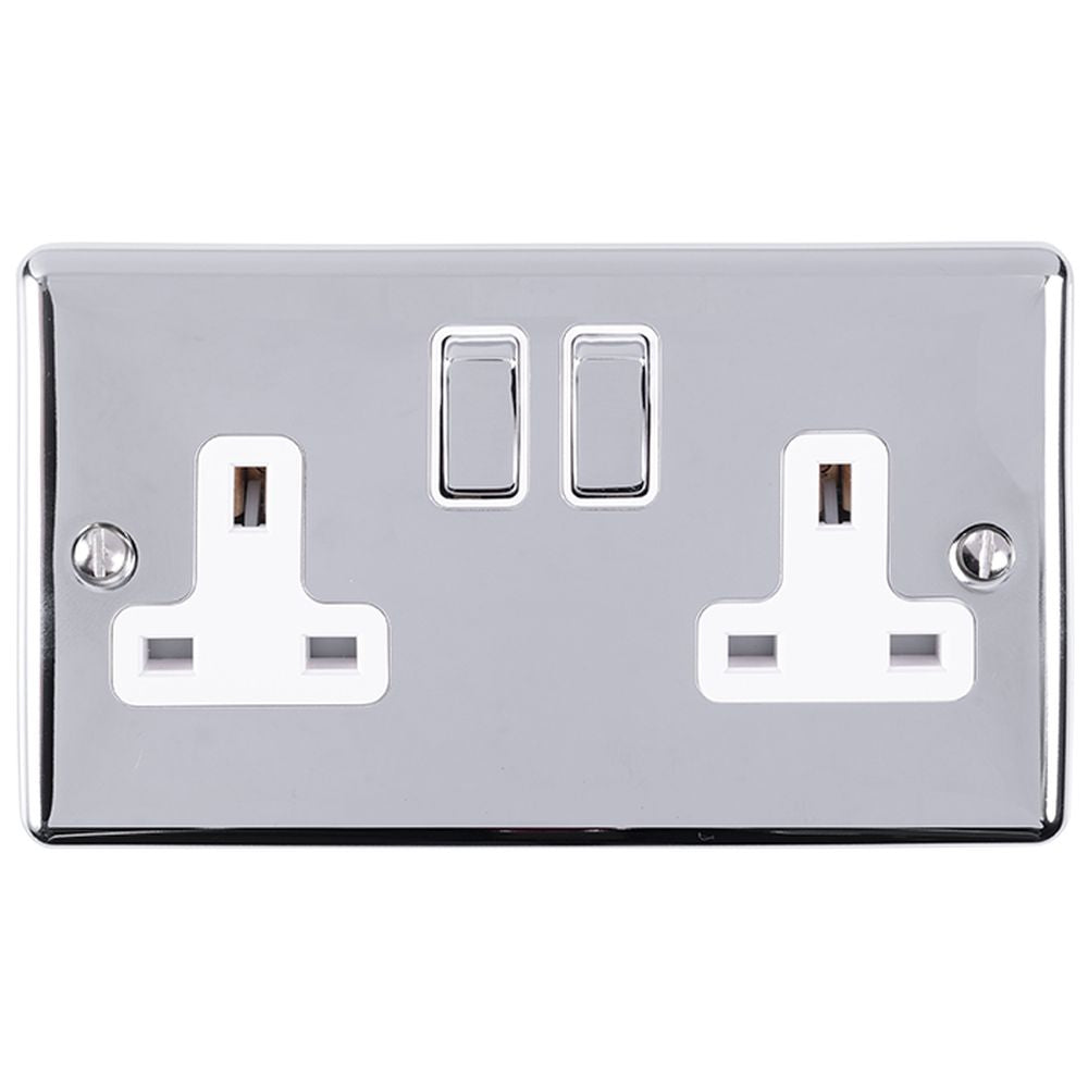 This is an image showing Eurolite Enhance Decorative 2 Gang Socket - Polished Chrome (With White Trim) en2sopcw available to order from trade door handles, quick delivery and discounted prices.