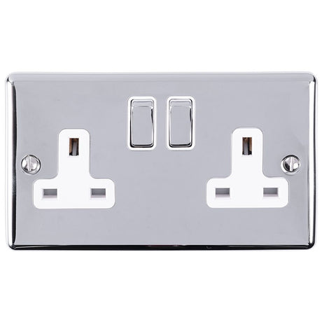 This is an image showing Eurolite Enhance Decorative 2 Gang Socket - Polished Chrome (With White Trim) en2sopcw available to order from trade door handles, quick delivery and discounted prices.