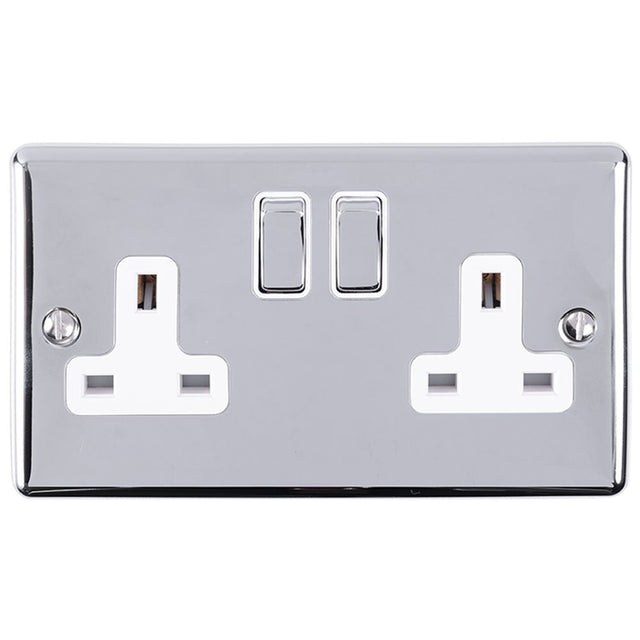 This is an image showing Eurolite Enhance Decorative 2 Gang Socket - Polished Chrome (With White Trim) en2sopcw available to order from trade door handles, quick delivery and discounted prices.