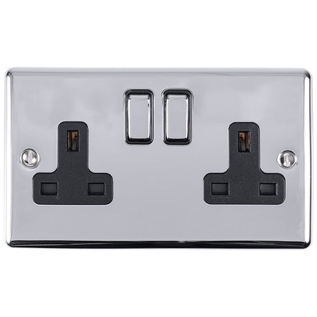 This is an image showing Eurolite Enhance Decorative 2 Gang Socket - Polished Chrome (With Black Trim) en2sopcb available to order from trade door handles, quick delivery and discounted prices.