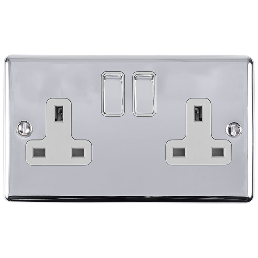 This is an image showing Eurolite Enhance Decorative 2 Gang Socket - Polished Chrome (With Grey Trim) en2sopcg available to order from trade door handles, quick delivery and discounted prices.