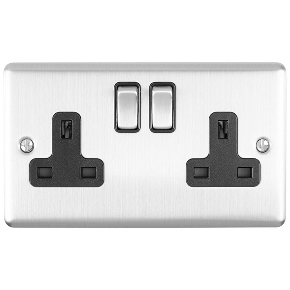 This is an image showing Eurolite Enhance Decorative 2 Gang Socket - Satin Stainless Steel (With Black Trim) en2sossb available to order from trade door handles, quick delivery and discounted prices.