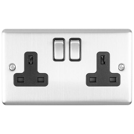 This is an image showing Eurolite Enhance Decorative 2 Gang Socket - Satin Stainless Steel (With Black Trim) en2sossb available to order from trade door handles, quick delivery and discounted prices.