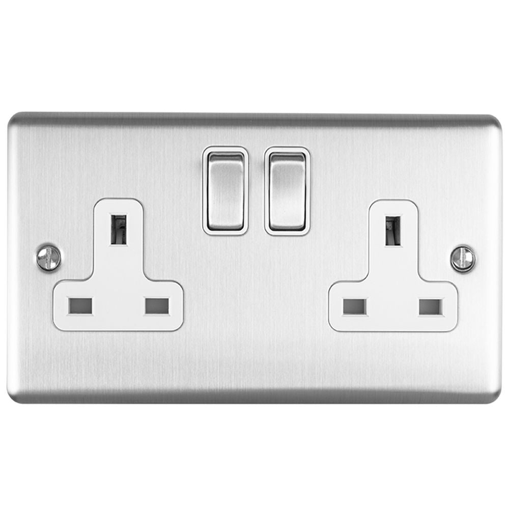 This is an image showing Eurolite Enhance Decorative 2 Gang Socket - Satin Stainless Steel (With White Trim) en2sossw available to order from trade door handles, quick delivery and discounted prices.